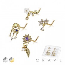 8PCS OF ASSORTED CZ DANGLE 316L SURGICAL STEEL L-SHAPE NOSE STUD BOX